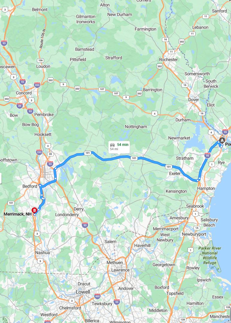 driving from Portsmouth, New Hampshire to MerrimackNew Hampshire - map and route