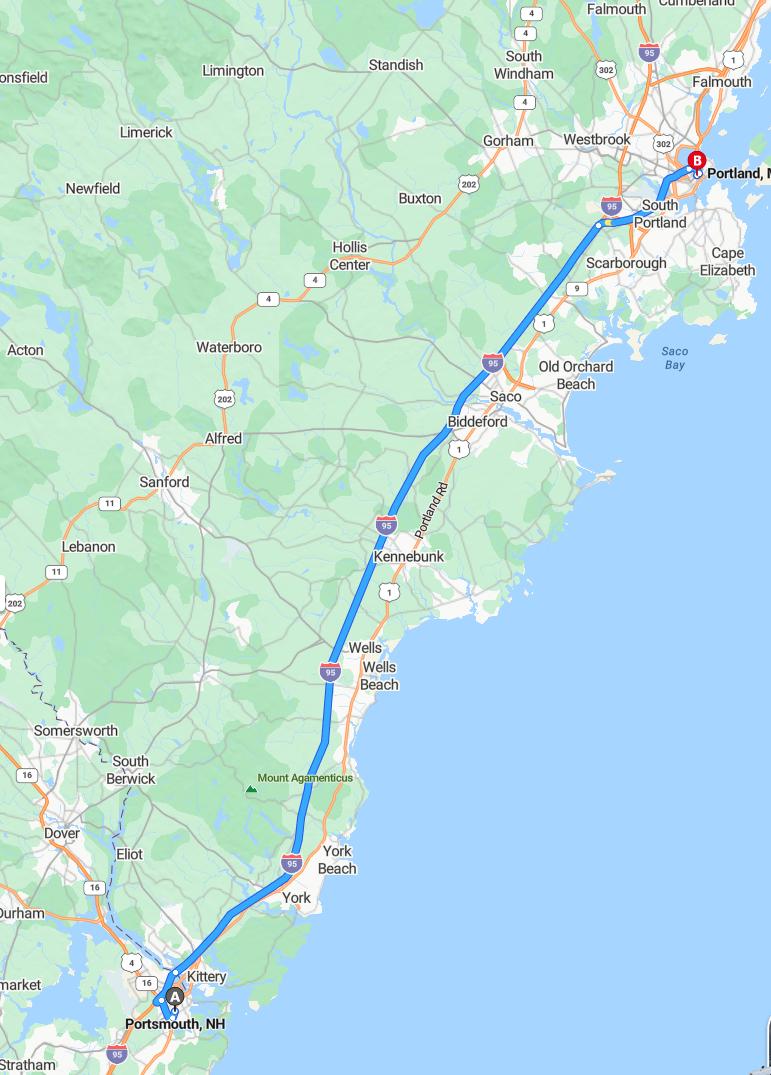 driving from Portsmouth, New Hampshire to PortlandMaine - map and route