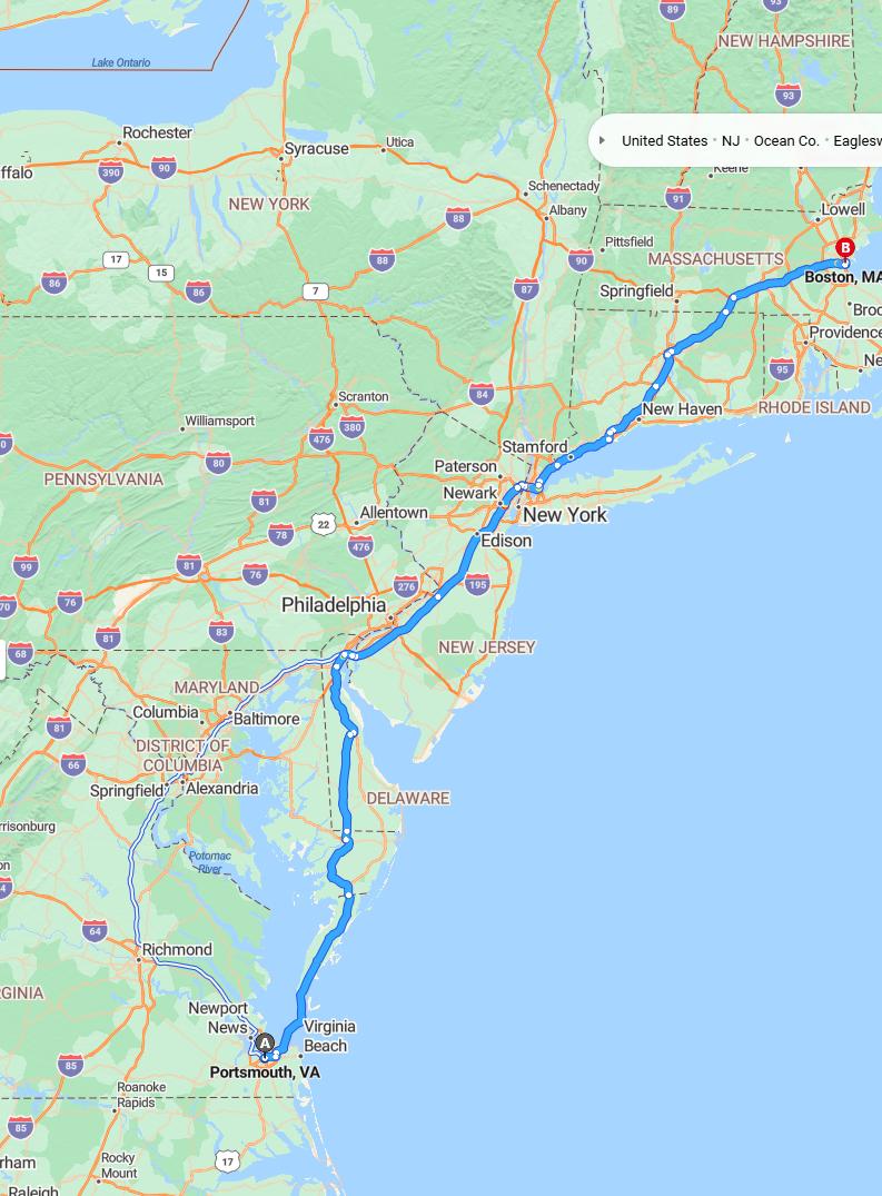 driving from Portsmouth, Virginia to BostonMassachusetts - map and route