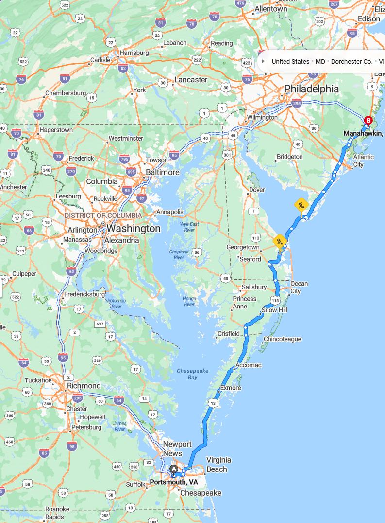 driving from Portsmouth, Virginia to ManahawkenNew Jersey - map and route