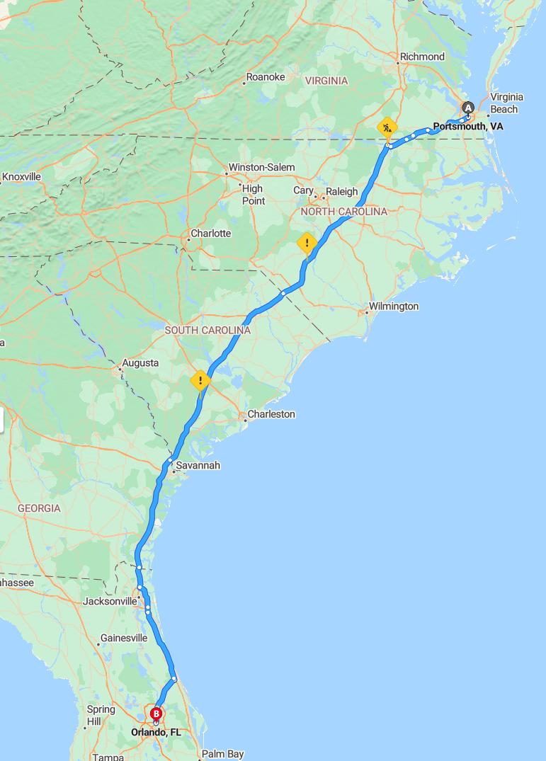 driving from Portsmouth, Virginia to OrlandoFlorida - map and route
