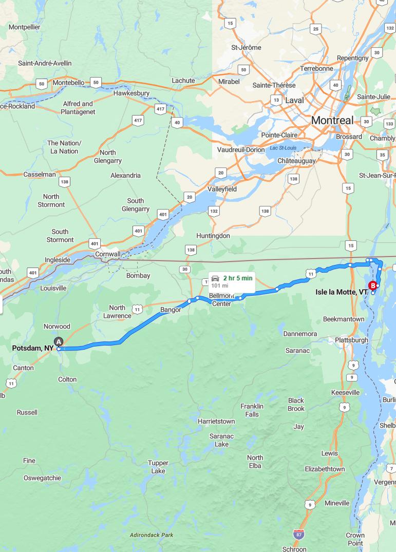 driving from Potsdam, New York to Isle La MotteVermont - map and route