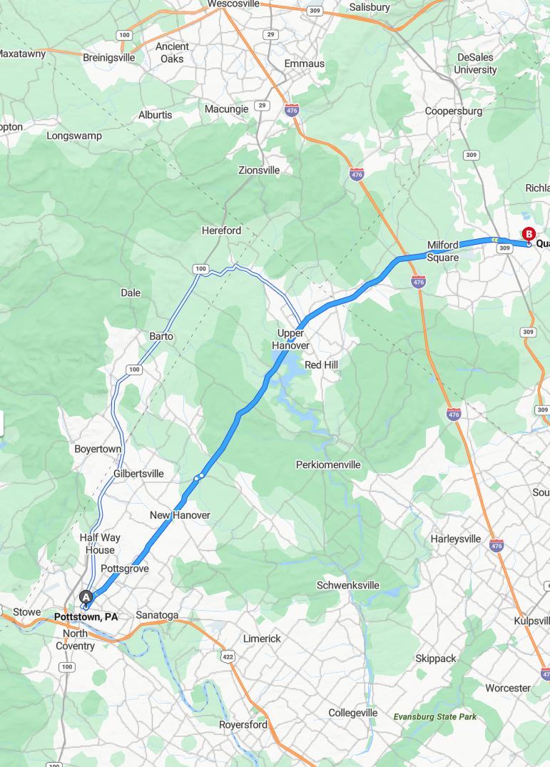 driving from Pottstown, Pennsylvania to QuakertownPennsylvania - map and route