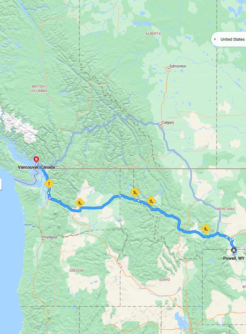 driving from Powell, Wyoming to VancouverBritish Columbia - map and route