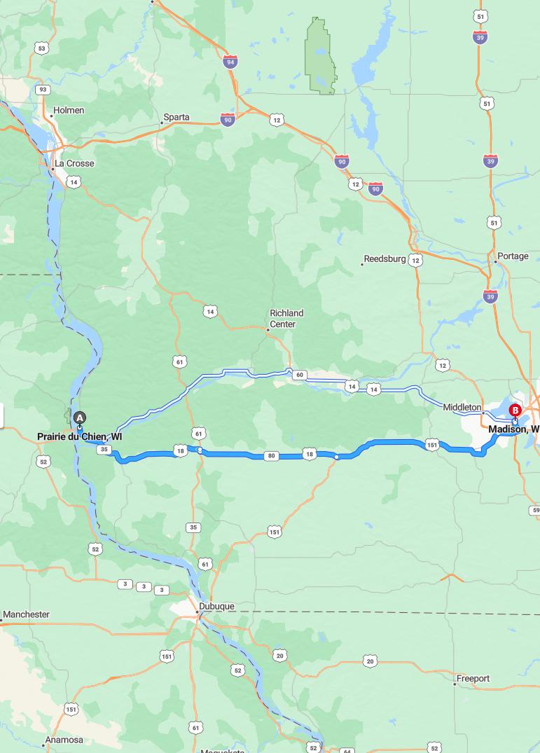 driving from Prairie du Chien, Wisconsin to MadisonWisconsin - map and route