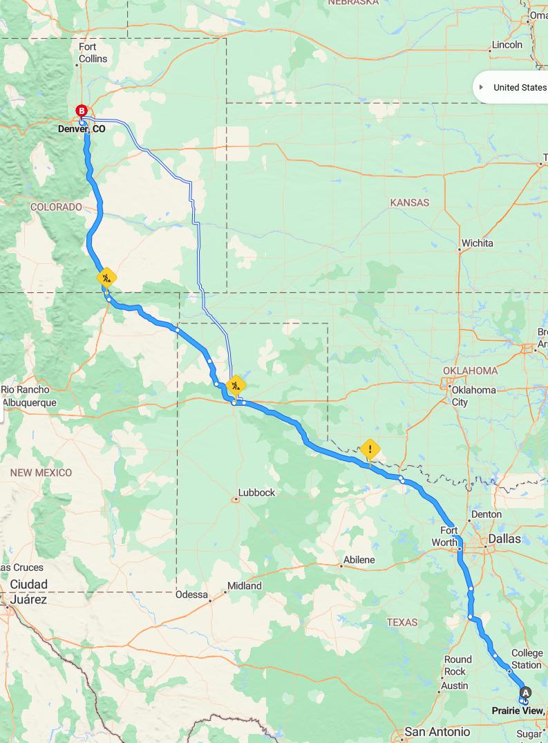 driving from Prairie View, Texas to DenverColorado - map and route