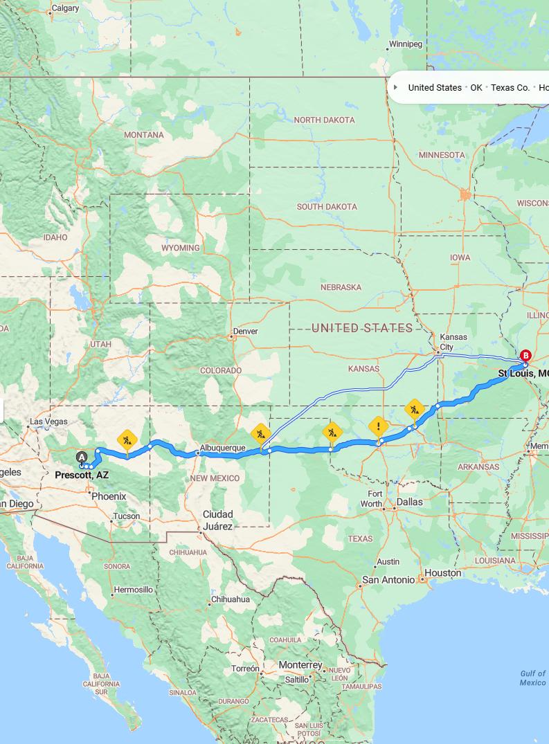 driving from Prescott, Arizona to St. LouisMissouri - map and route