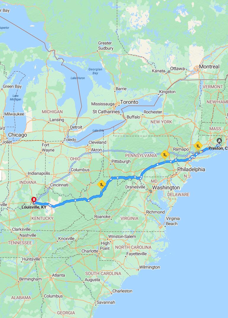 driving from Preston, Connecticut to LouisvilleKentucky - map and route