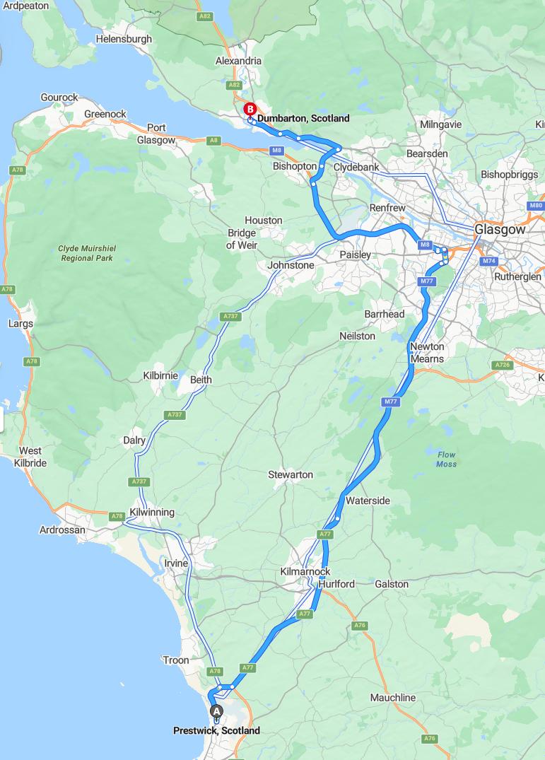 driving from Prestwick, Scotland to DumbartonScotland - map and route