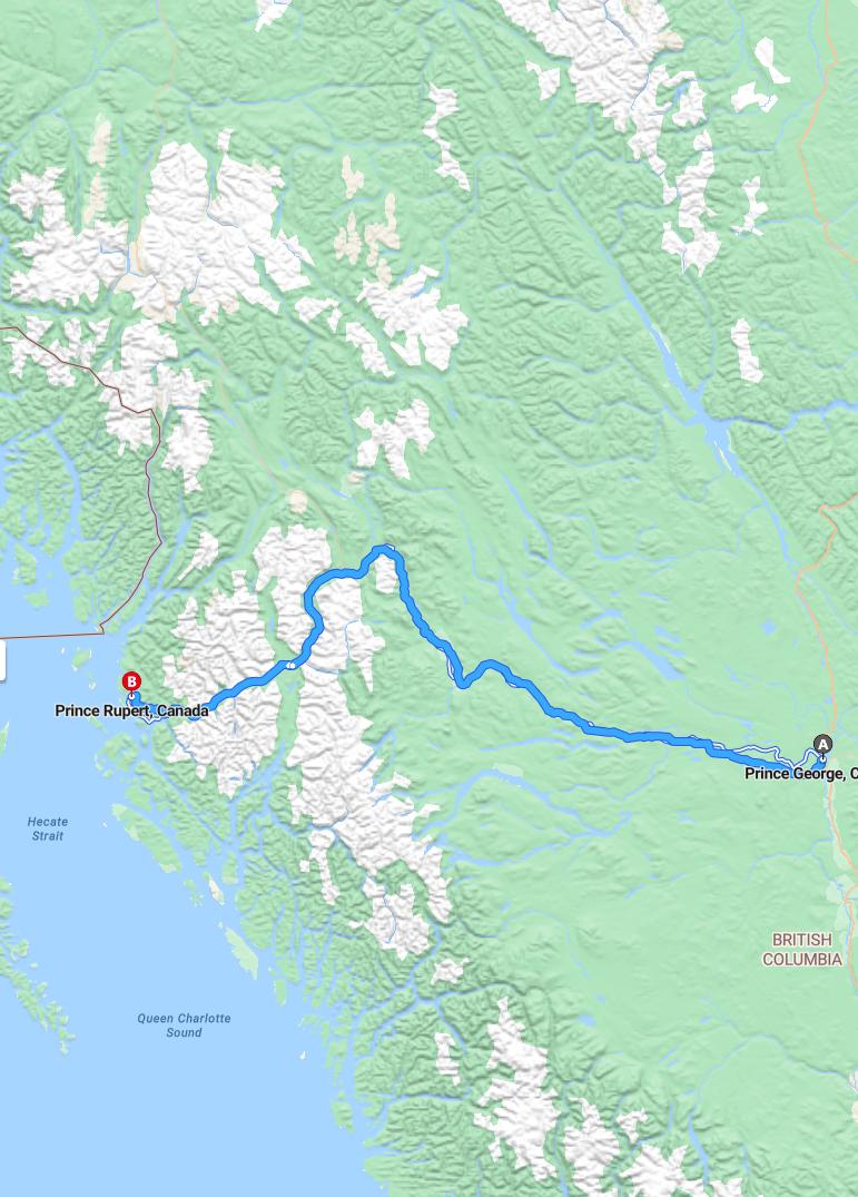 driving from Prince George, British Columbia to Prince RupertBritish Columbia - map and route
