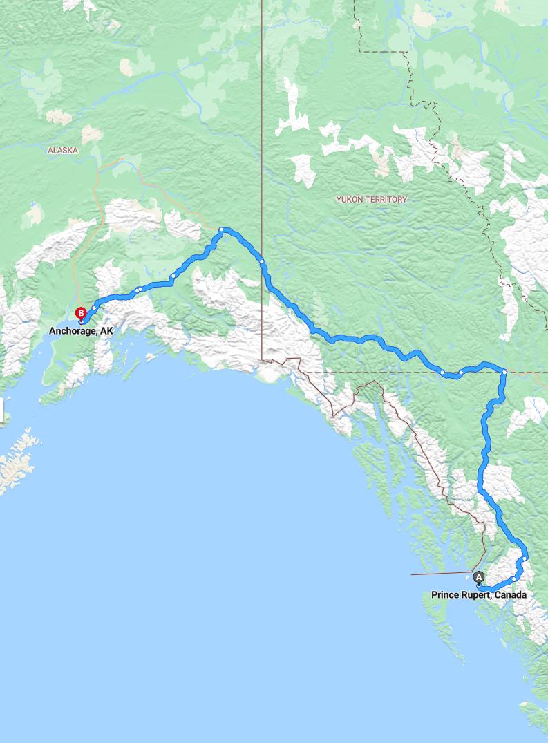 driving from Prince Rupert, British Columbia to AnchorageAlaska - map and route
