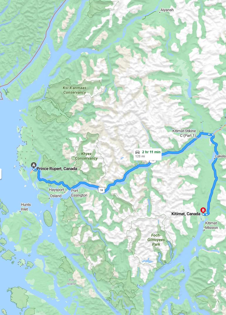 driving from Prince Rupert, British Columbia to KitimatBritish Columbia - map and route