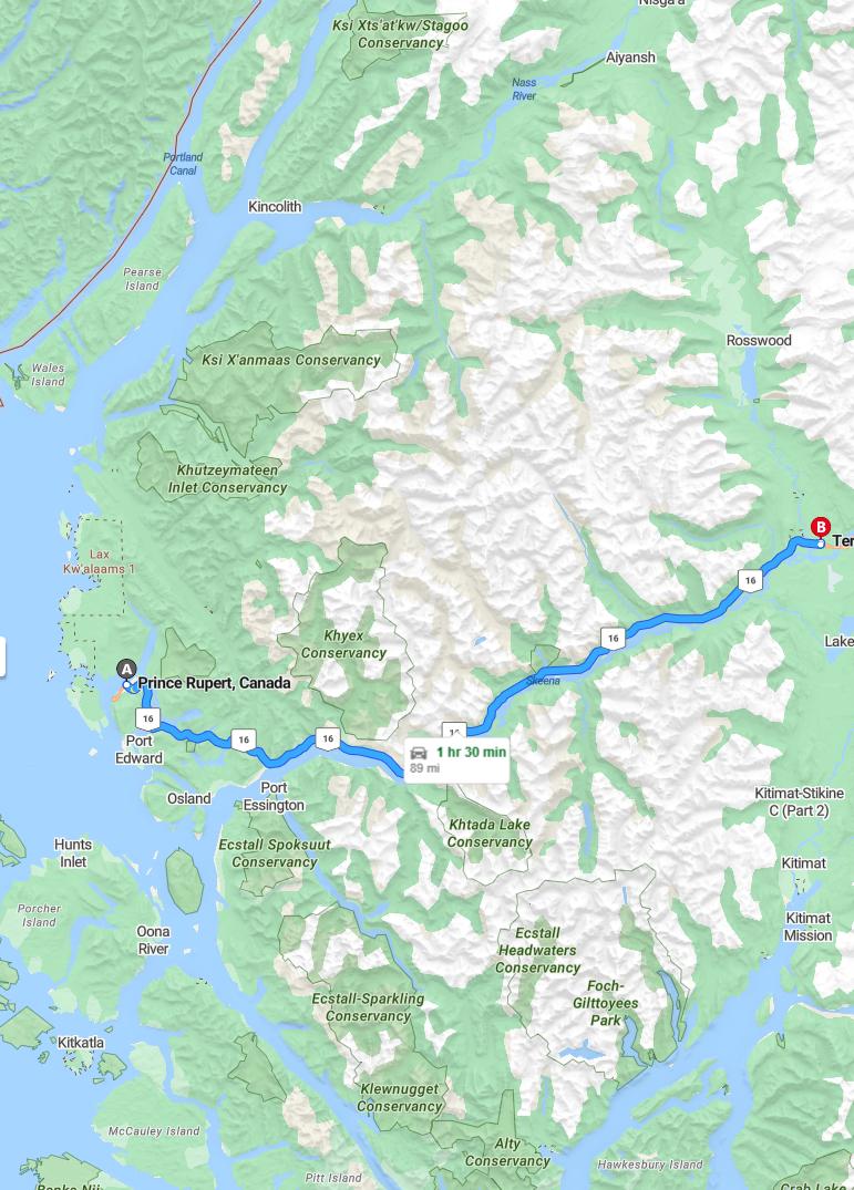 driving from Prince Rupert, British Columbia to TerraceBritish Columbia - map and route