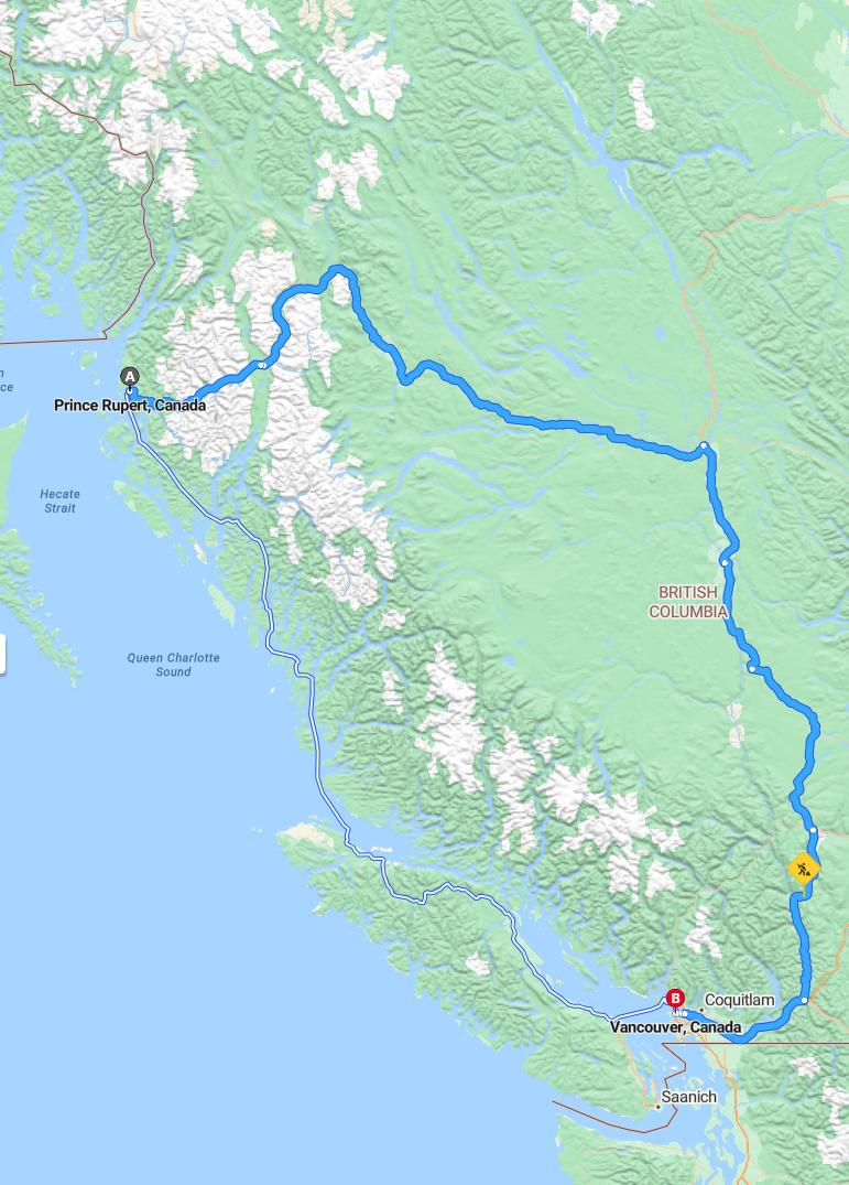 driving from Prince Rupert, British Columbia to VancouverBritish Columbia - map and route