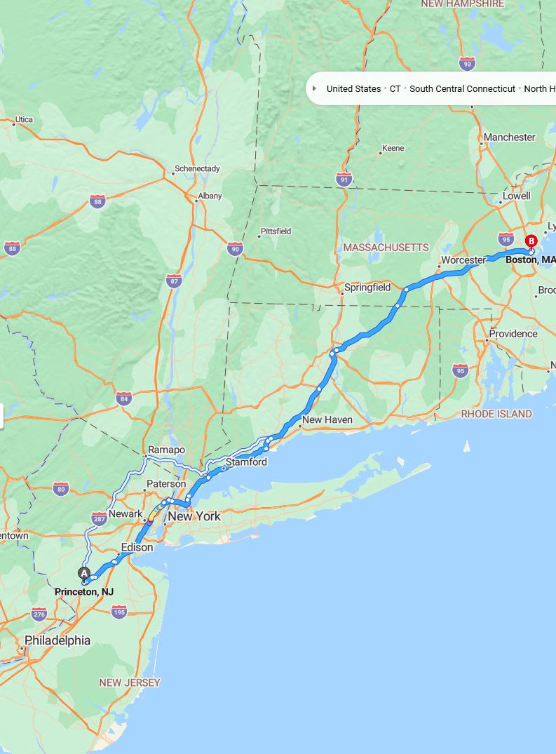 driving from Princeton, New Jersey to BostonMassachusetts - map and route
