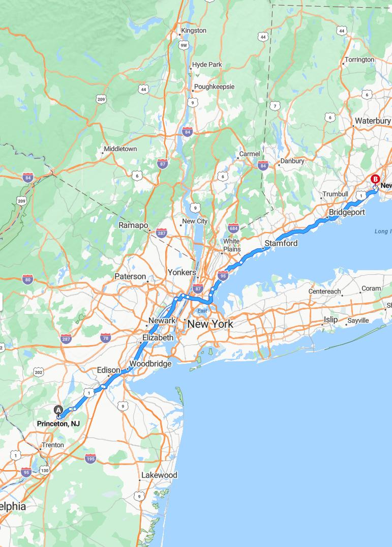 driving from Princeton, New Jersey to New HavenConnecticut - map and route