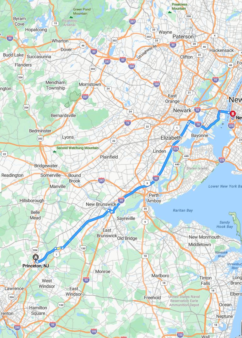 driving from Princeton, New Jersey to New York CityNew York - map and route