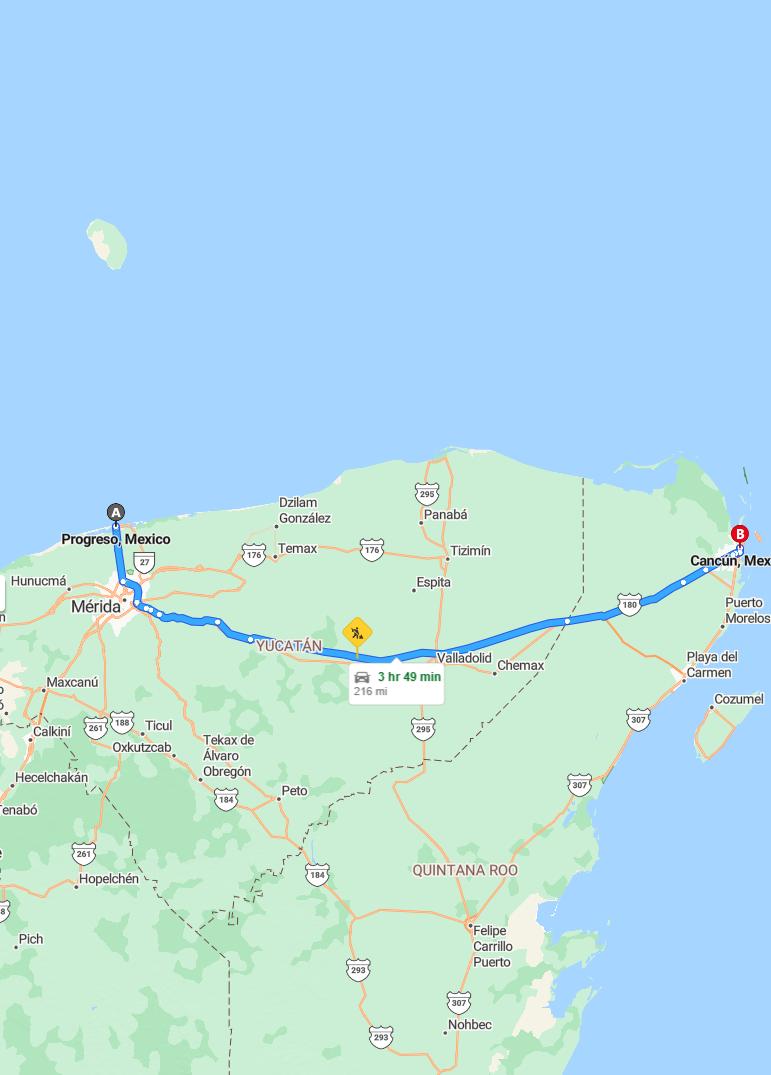 driving from Progreso, Yucatan to CancunQuintana Roo - map and route