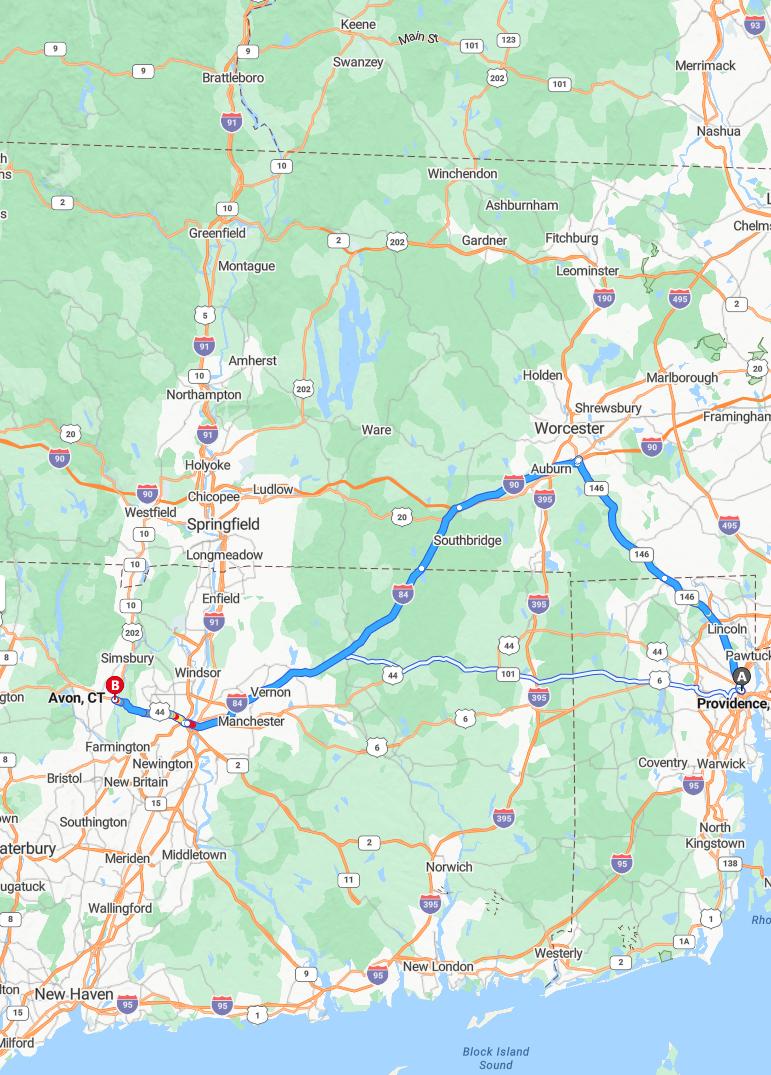 driving from Providence, Rhode Island to AvonConnecticut - map and route
