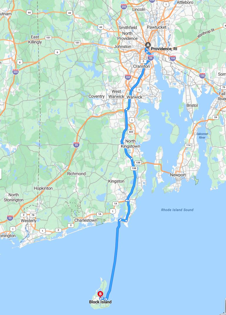 driving from Providence, Rhode Island to Block IslandRhode Island - map and route