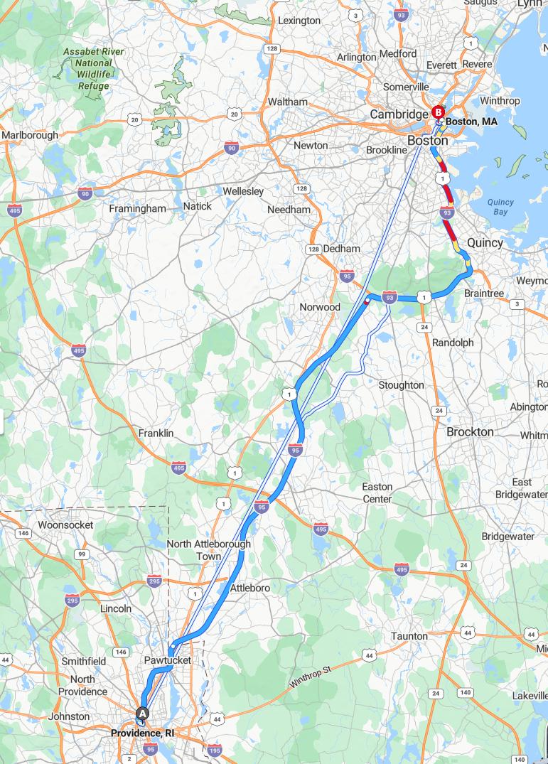 driving from Providence, Rhode Island to BostonMassachusetts - map and route