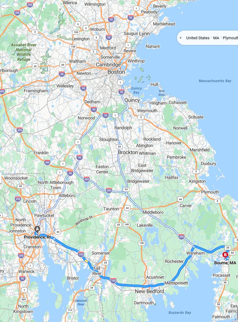 driving from Providence, Rhode Island to BourneMassachusetts - map and route