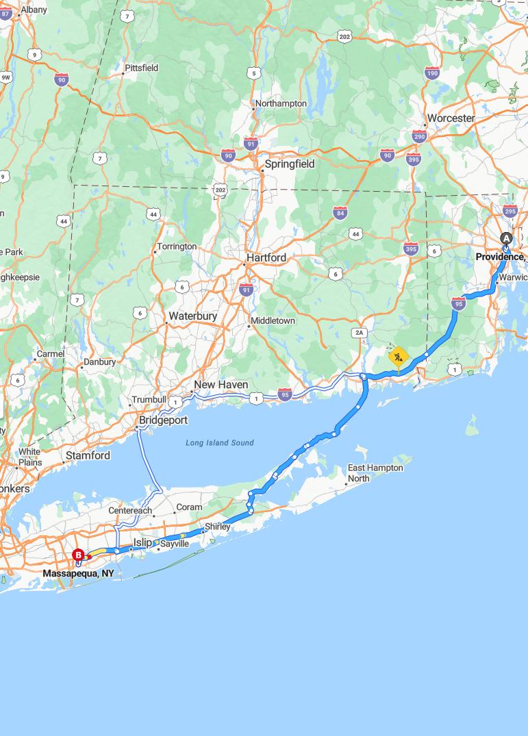 driving from Providence, Rhode Island to MassapequaNew York - map and route