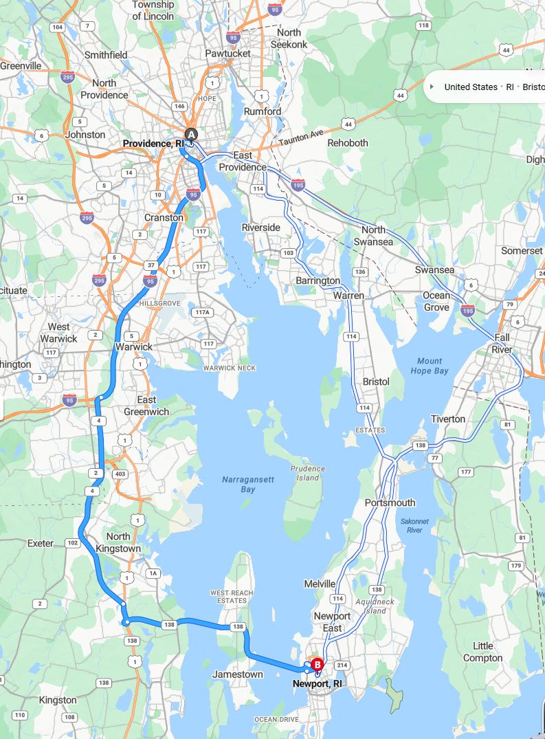 driving from Providence, Rhode Island to NewportRhode Island - map and route