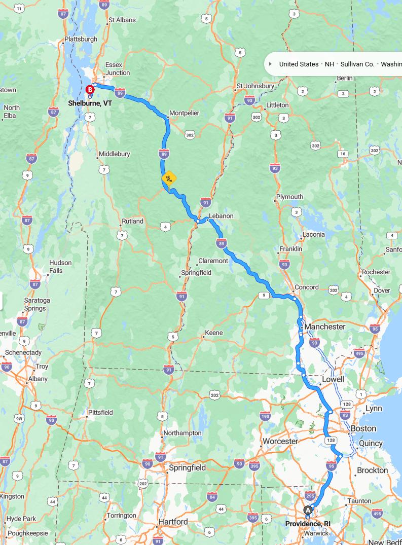 driving from Providence, Rhode Island to ShelburneVermont - map and route