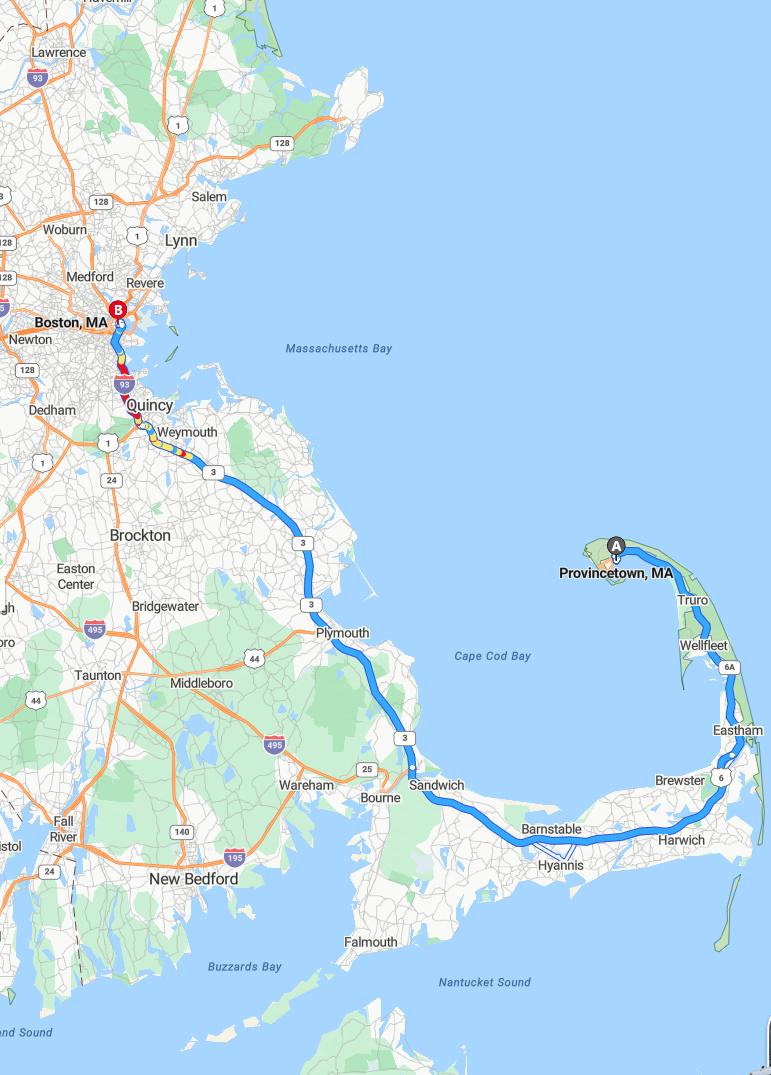 driving from Provincetown, Massachusetts to BostonMassachusetts - map and route