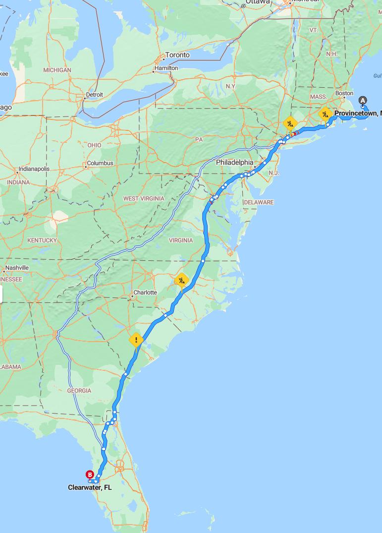 driving from Provincetown, Massachusetts to ClearwaterFlorida - map and route