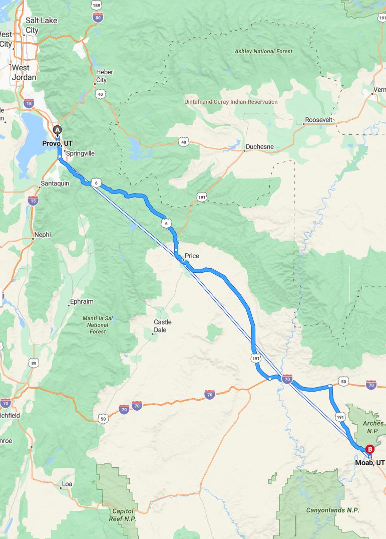 driving from Provo, Utah to MoabUtah - map and route