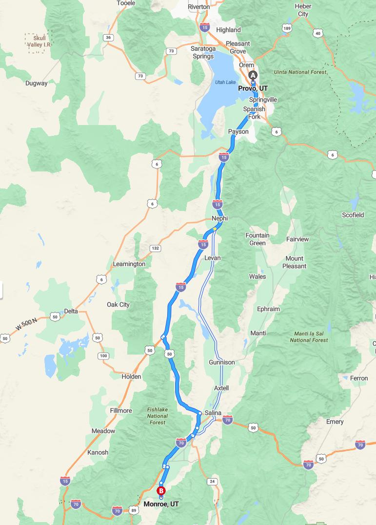 driving from Provo, Utah to MonroeUtah - map and route