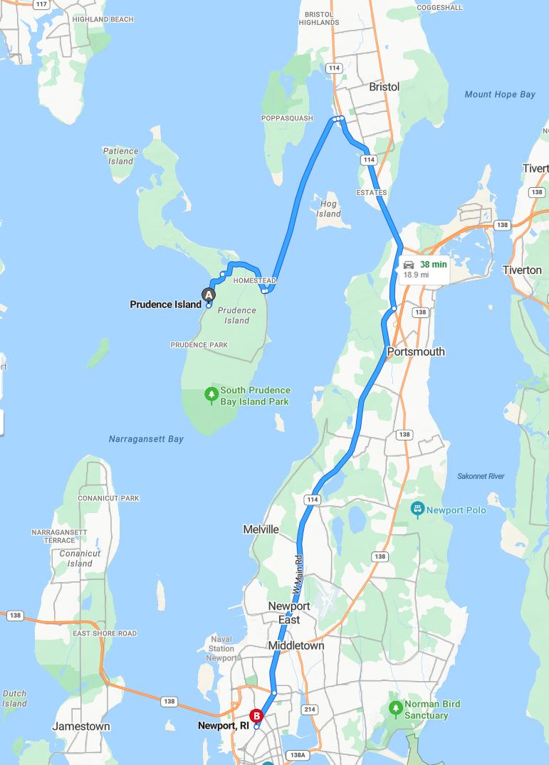 driving from Prudence Island, Rhode Island to NewportRhode Island - map and route