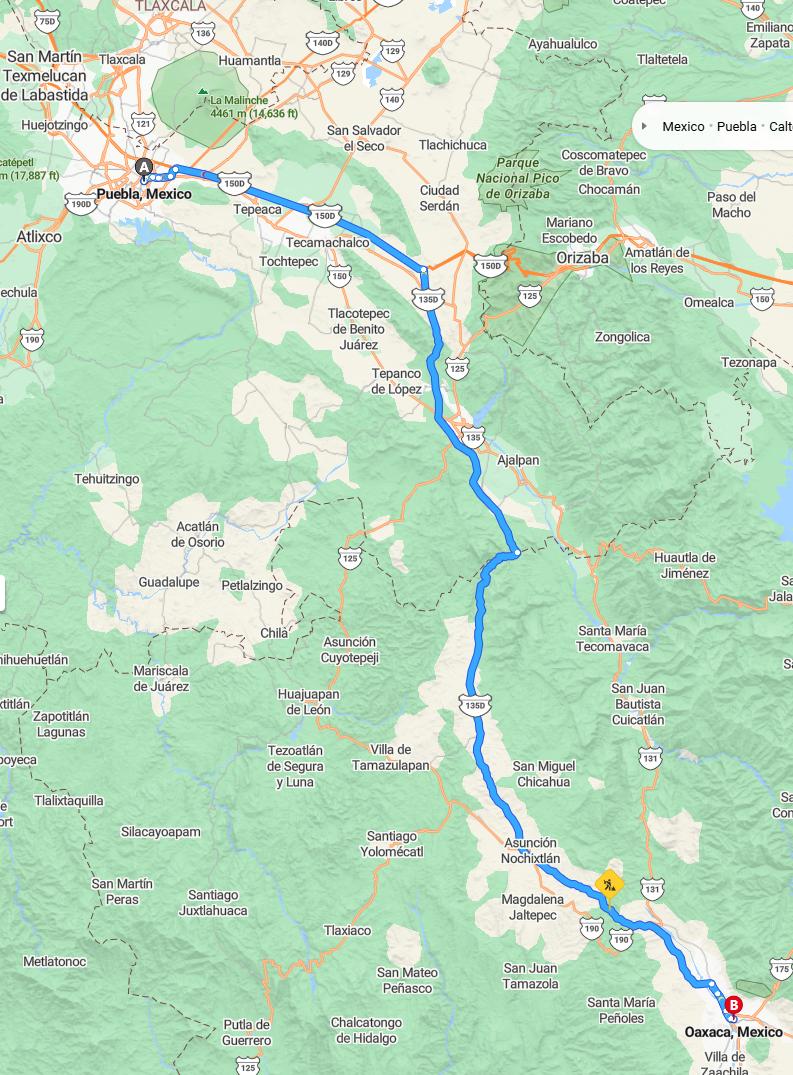 driving from Puebla, Puebla to OaxacaOaxaca - map and route