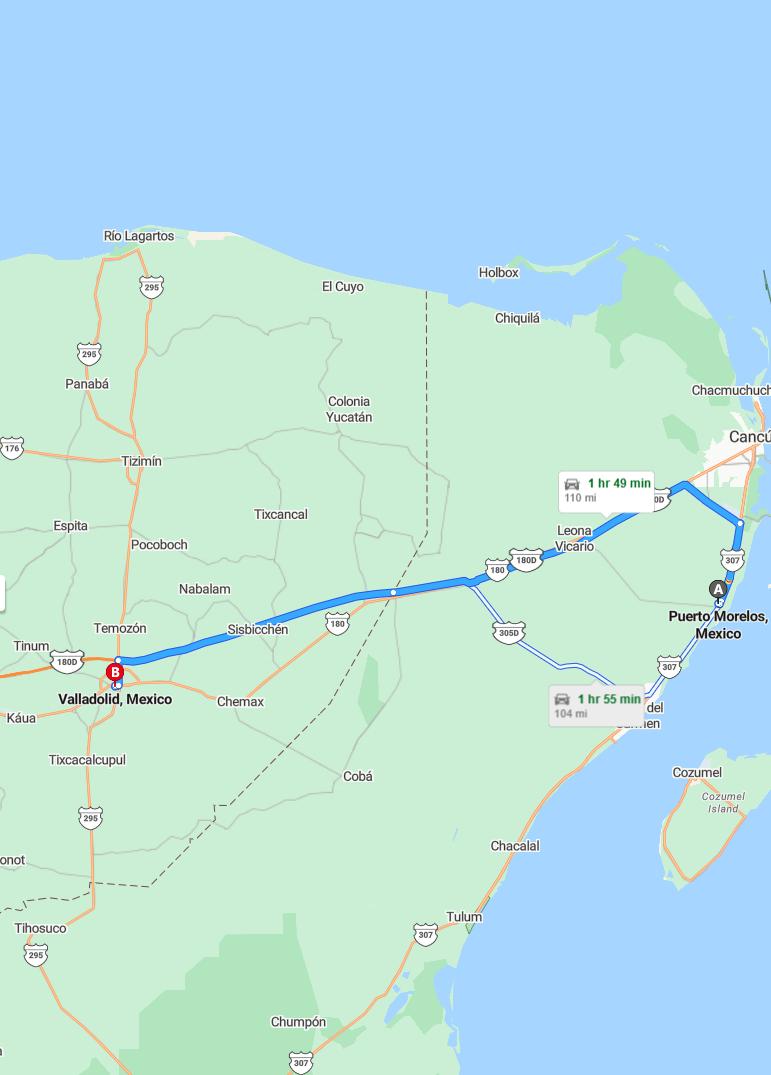 driving from Puerto Morelos, Quintana Roo to ValladolidYucatan - map and route