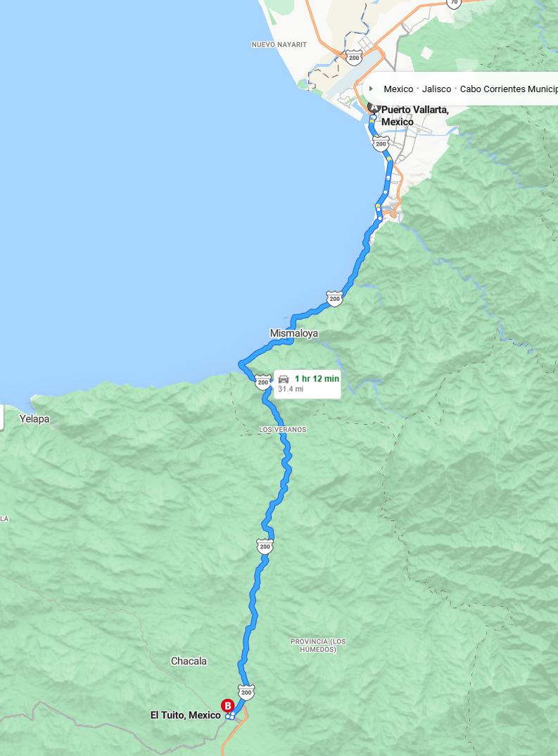 driving from Puerto Vallarta, Jalisco to El TuitoJalisco - map and route