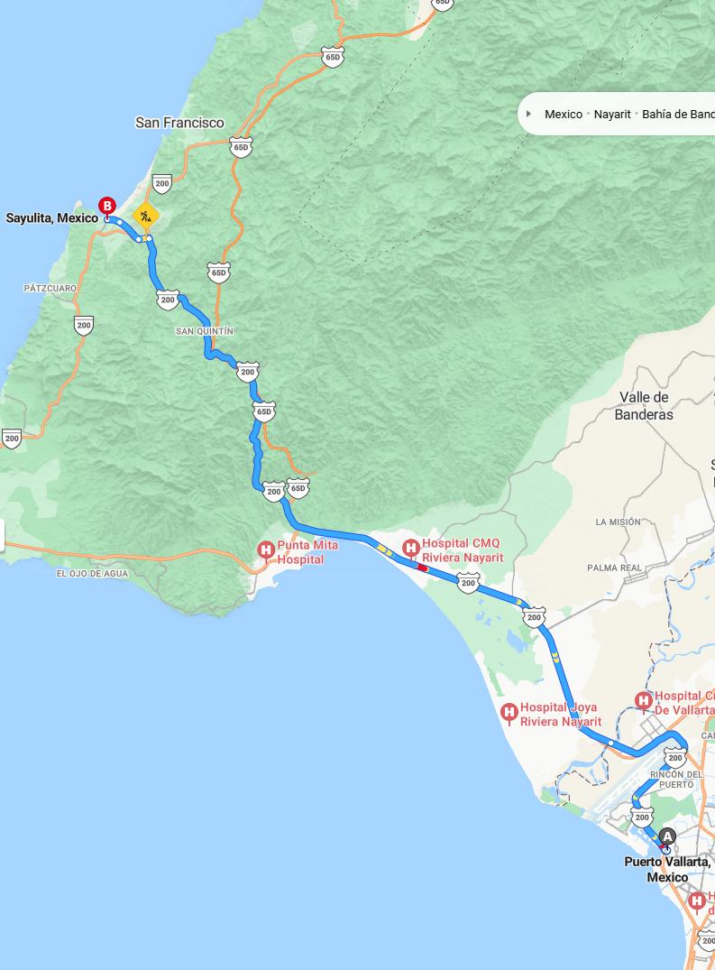 driving from Puerto Vallarta, Jalisco to SayulitaNayarit - map and route