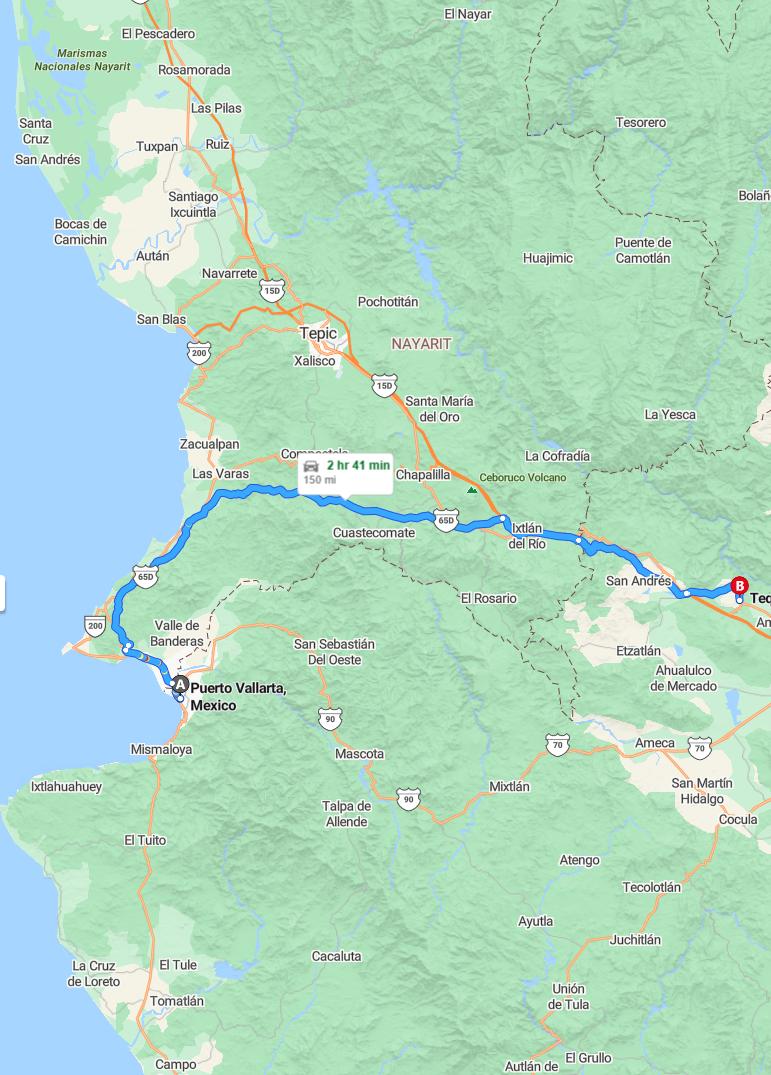 driving from Puerto Vallarta, Jalisco to TequilaJalisco - map and route