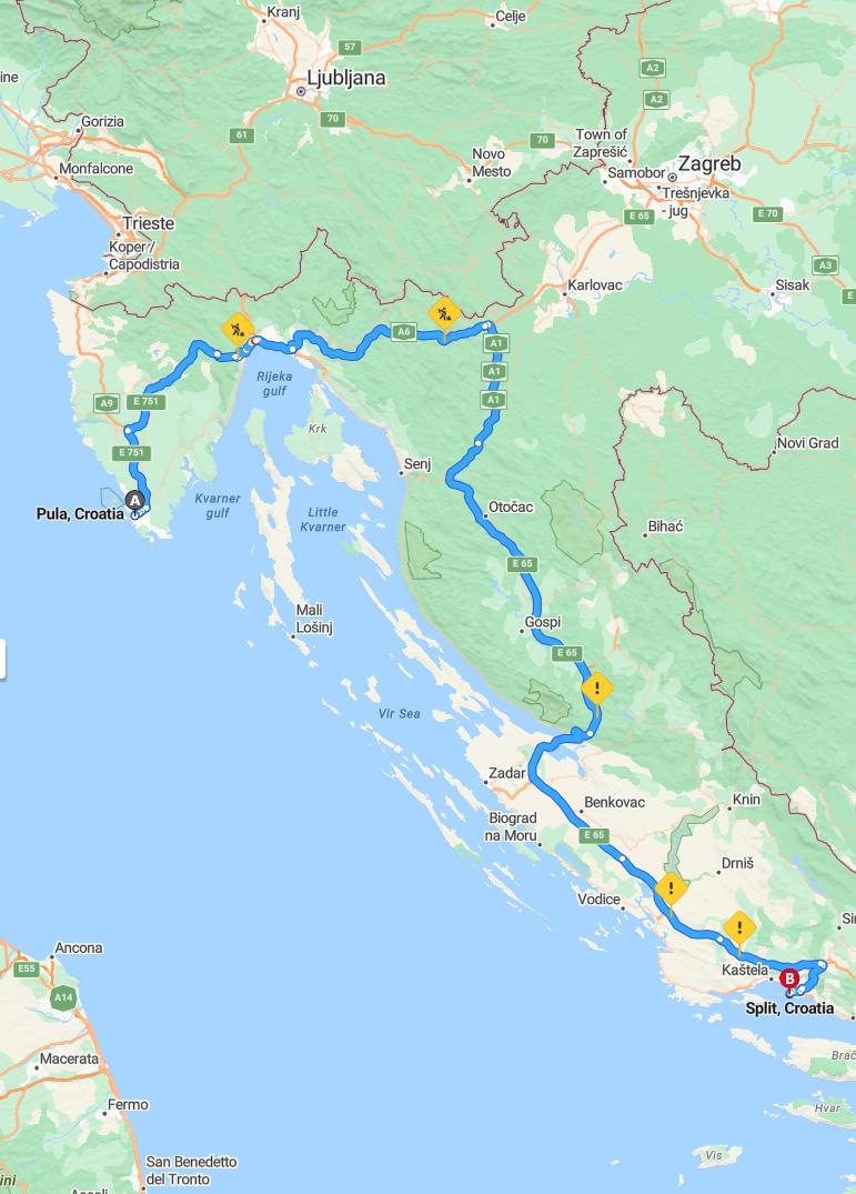 driving from Pula, Croatia to SplitCroatia - map and route