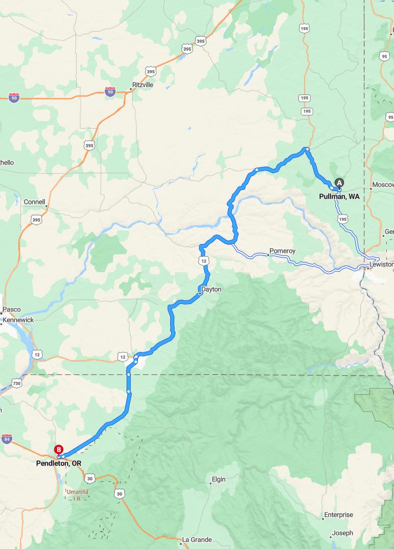driving from Pullman, Washington to PendletonOregon - map and route