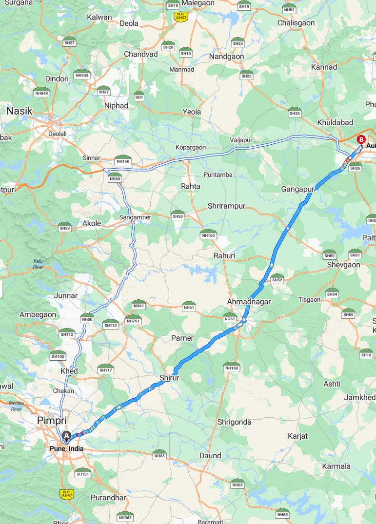 driving from Pune, Maharashtra to AurangabadMaharashtra - map and route