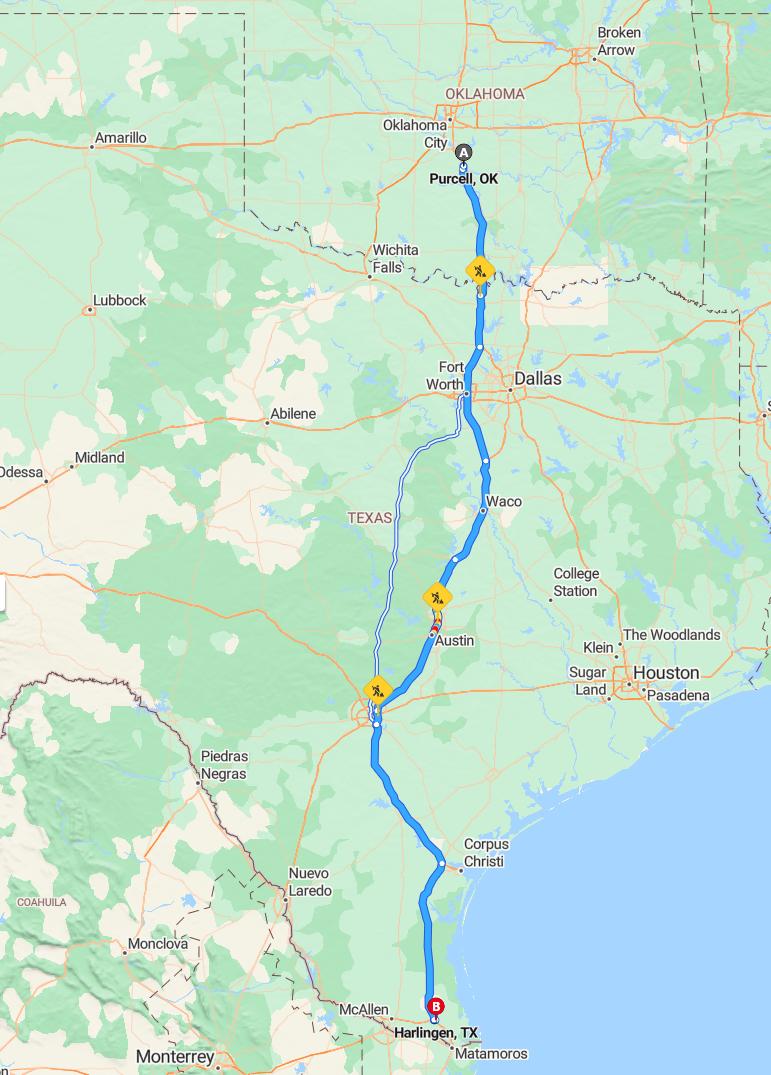 driving from Purcell, Oklahoma to HarlingenTexas - map and route
