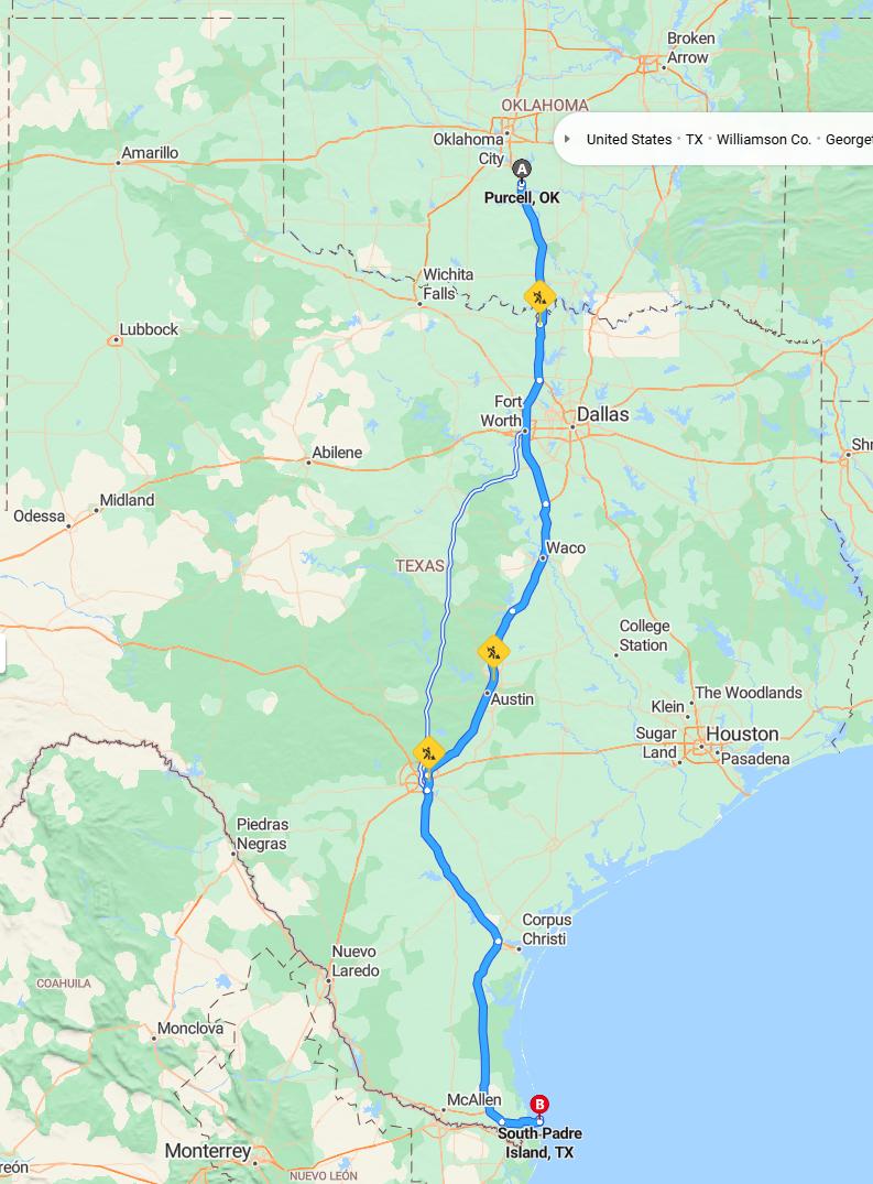driving from Purcell, Oklahoma to South Padre IslandTexas - map and route