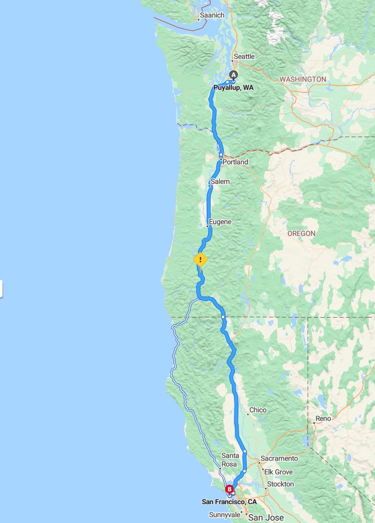driving from Puyallup, Washington to San FranciscoCalifornia - map and route