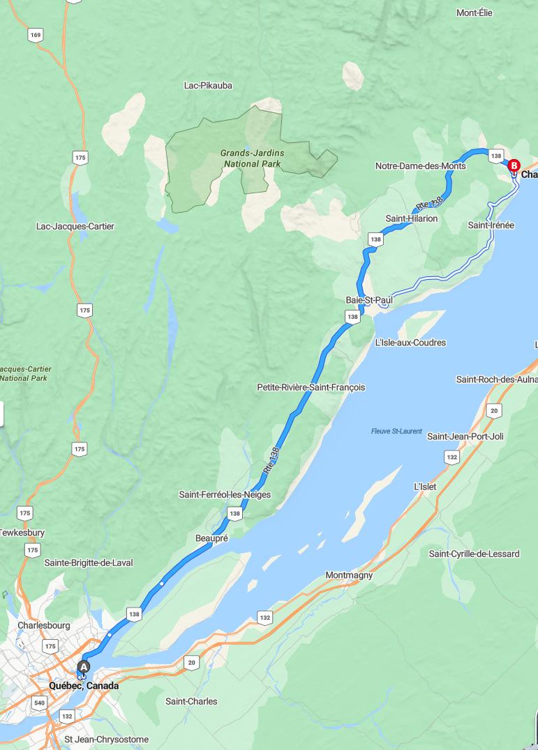 driving from Quebec City, Quebec to CharlevoixQuebec - map and route