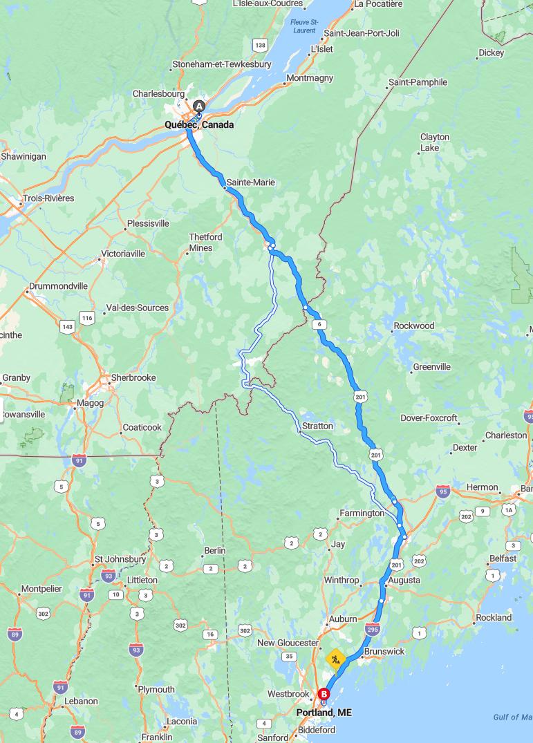driving from Quebec City, Quebec to PortlandMaine - map and route