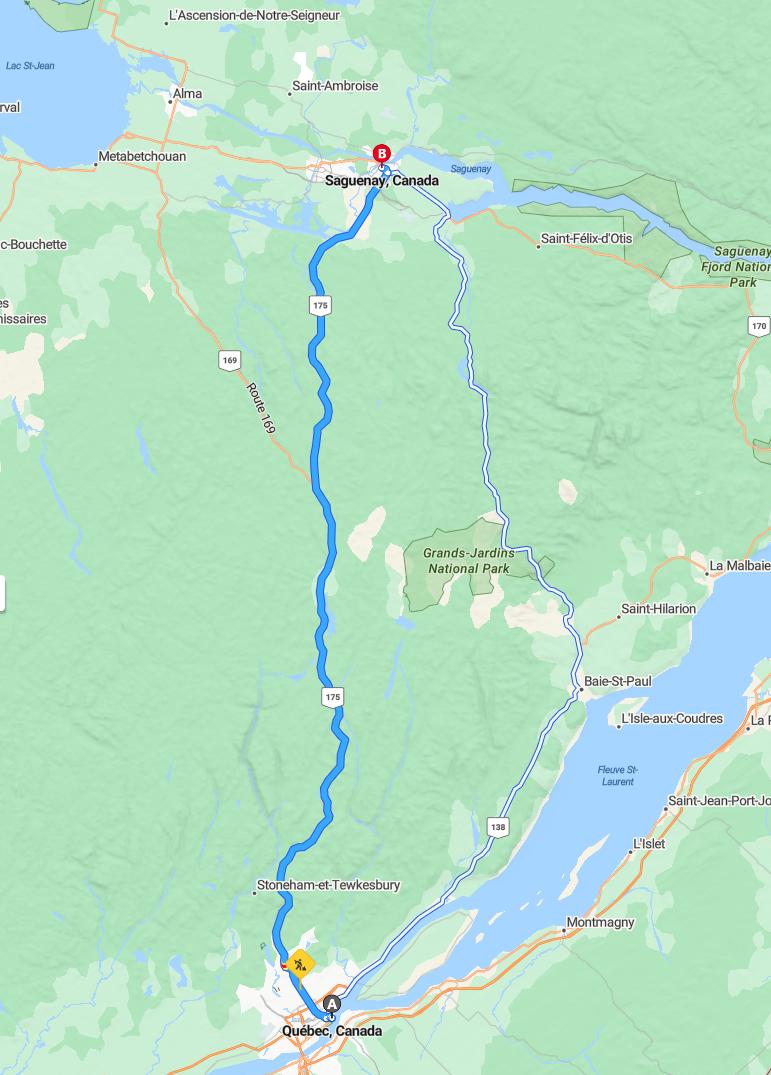 driving from Quebec City, Quebec to SaguenayQuebec - map and route