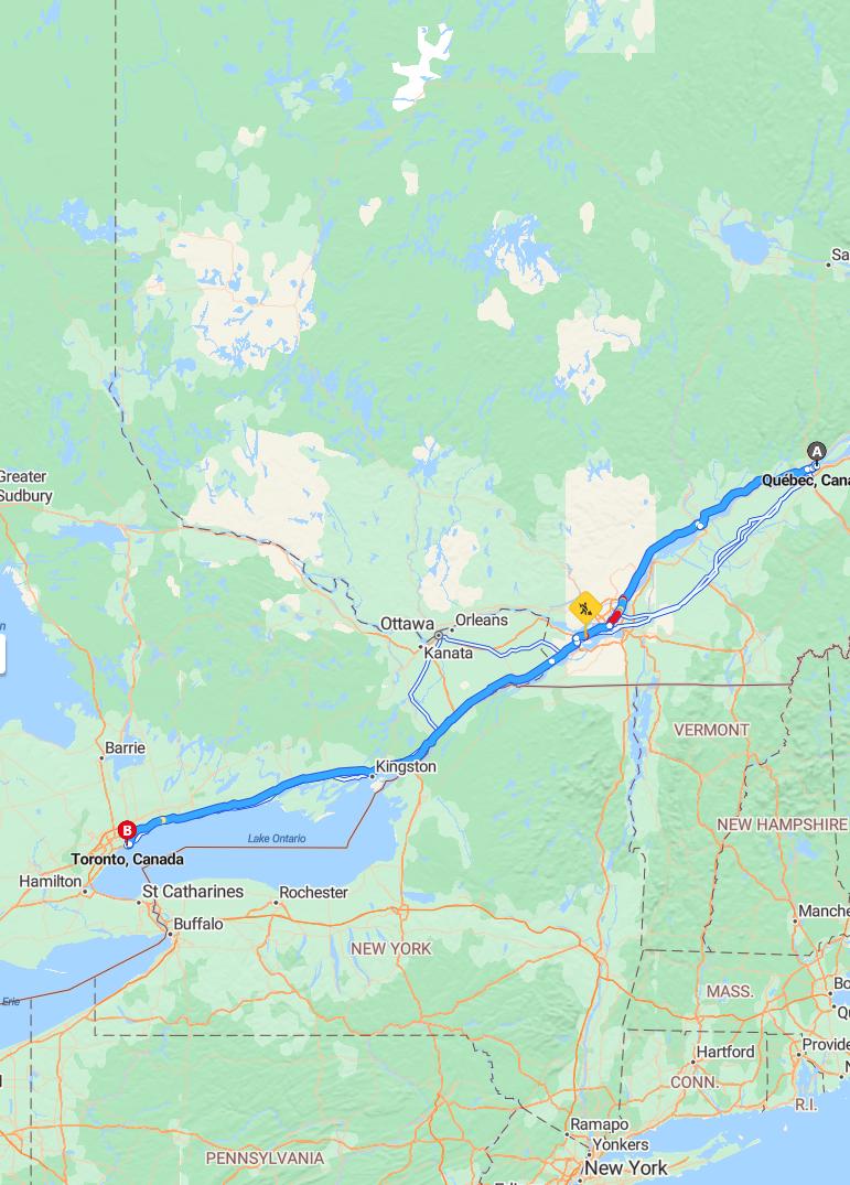 driving from Quebec City, Quebec to TorontoOntario - map and route