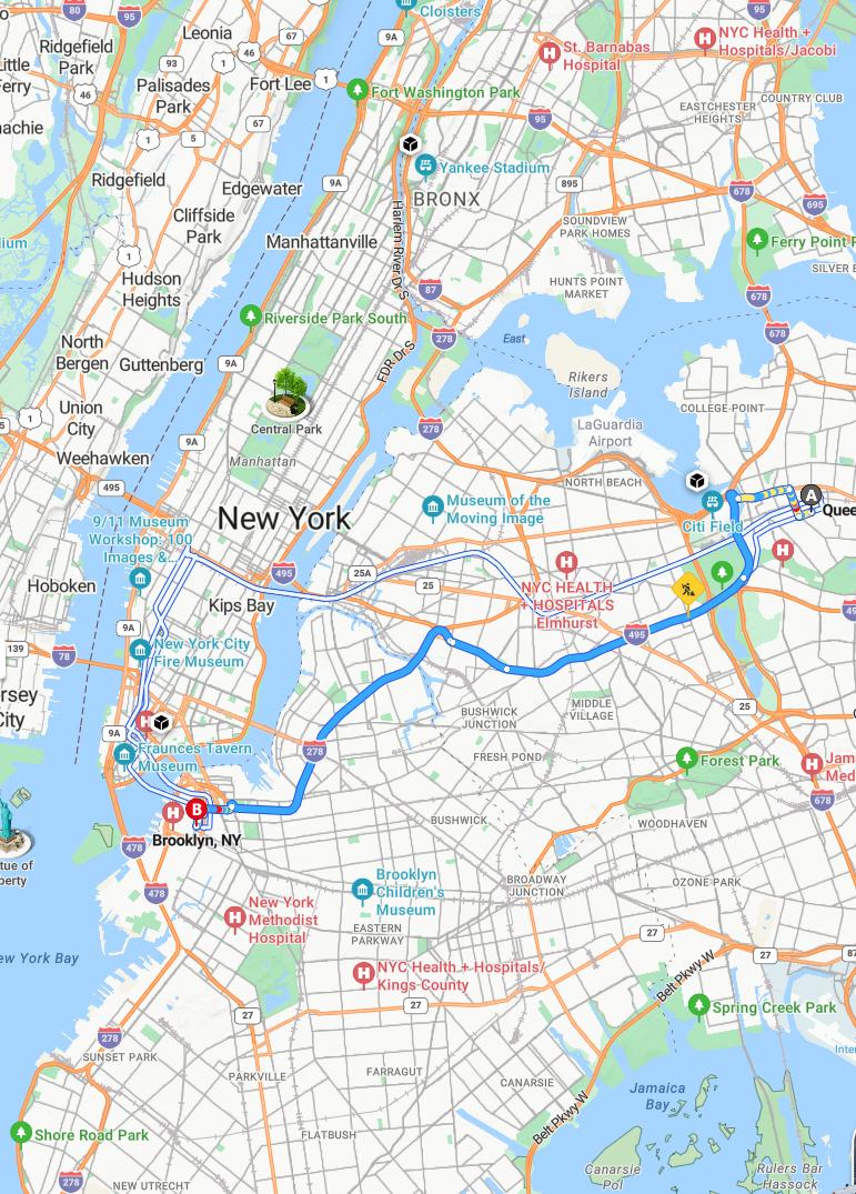 driving from Queens, New York to BrooklynNew York - map and route